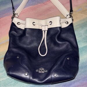Coach Mickie drawstring shoulder crossbody bucket Navy bag  pebbled leather